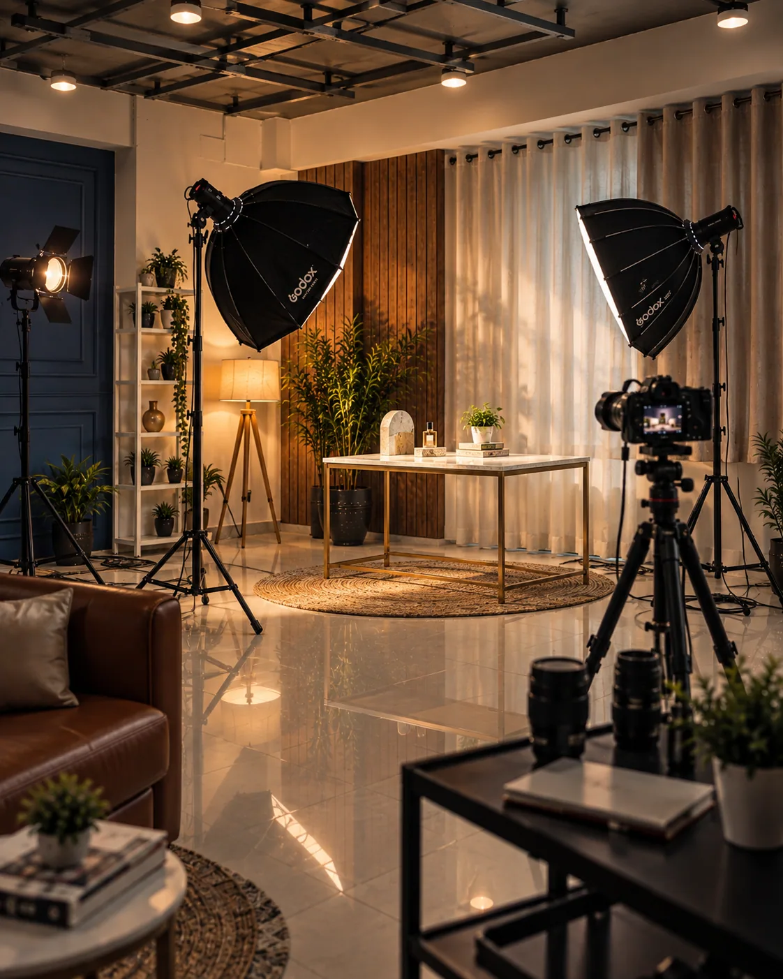 Actual navy studio set with sofas for branded video production